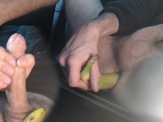 Big Cock Man in Car, Train His Anus with a Small Toy, then Insert Half a Banana, Likes It and Cums