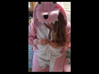 Short Tease - BBW in Pink Dragon Kigurumi Squeezes Her Big Tits Together