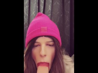 Dumb sissy slut smears her lipstick all over her dildo