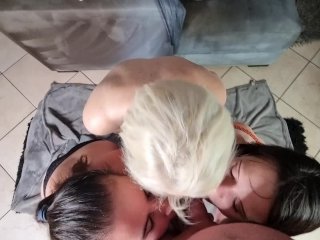 2 brunettes training a blond slut HOW TO SUCK COCK  blowjob  spit in face  gagging