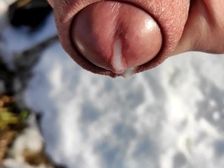Close up cum to the snow and showing cum in the snow