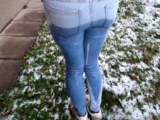 Wetting my new sexy tight jeans in public street