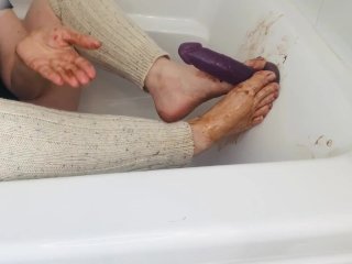 Girl wearing leg warmers gives FOOTJOB and HANDJOB to dildo with yummy chocolate sauce