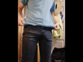 Playing with my hard dick in tight jeans