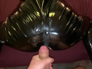 Fucking in my favorite shiny leather outfit - Huge cumshot on leather pants