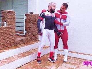 Spandex clad courier delivers to Omniman and gets fucked hard