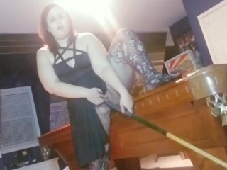 Chubby girl fucks self with pool stick on pool table till she squirts