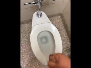 Chub wanks uncut dick in public bathroom and cums in toilet.