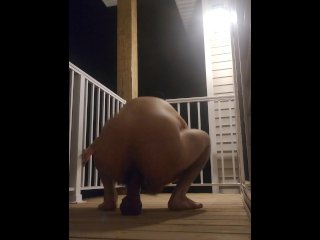 Thick ass riding 13 inch girthy dildo outside apartment