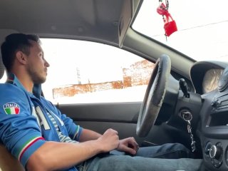 Gay jerk off in car, get caught, no cum.