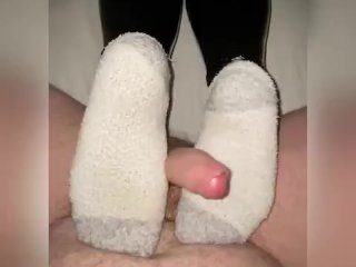 Fluffy socks footjob in PVC leggings 