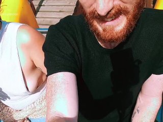 Riding rollercoaster at funfair nip slip, accidental public flash. Tit nipple slip