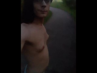 Trans slut walking in a public park with just panties