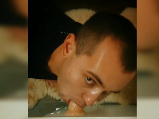 Handsome student fucks himself hard in the mouth, deep throat, throat blowjob