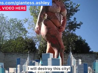 Sexy giantess Ashley destroys a city looking for her boyfriend (SFX)