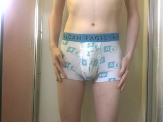 Young Twink Pisses in White AE Boxer Briefs and Gets Hard