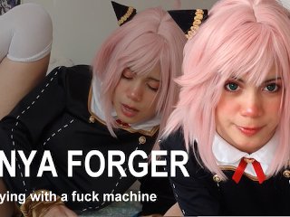 Girl in Anya Forger cosplay playing with a fuck machine