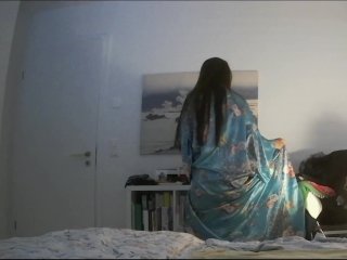 Japanese Wife doing Sexy Striptease Danse in Blue Kimono and Blowjob Handjob