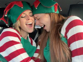 Nadia Foxx & Serenity Cox as Horny Elves cumming in drive thru with remote controlled vibrators / 4K