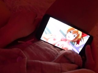 Girl masturbates with big dildo while watching hentai when parents are at home