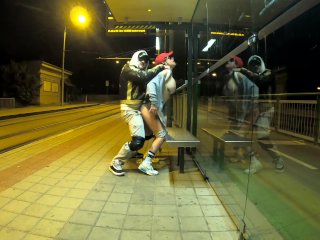 Quick risky sex at public bus stop with squirt orgasm and cum in my mouth Dada Deville