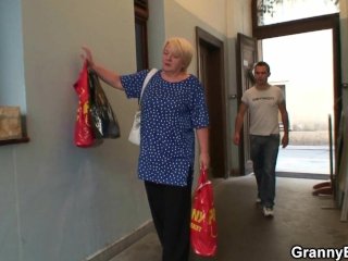 Busty blonde granny pleases guy for help