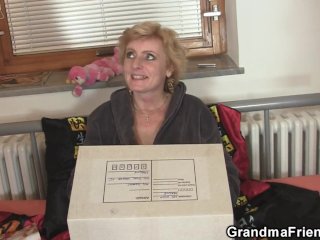 Slim blonde granny drilled by two postmen