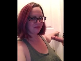 Purple haired milf with glasses gives BJ teaser