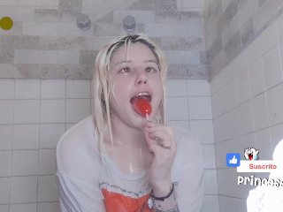 💦🍭 Wet t-shirt with lollipop in the shower 👕🚿