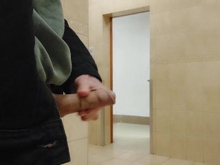 Teen daddy's twink boy went public dick jerking and cruising in men's restroom for some dicks, cum