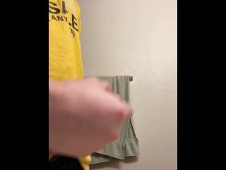 Guy jerks off cums quick in bathroom
