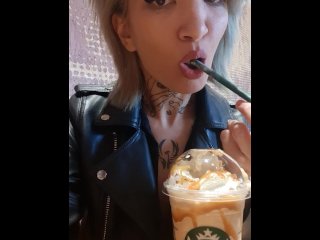 Naughty blonde make public flashing on Starbucks