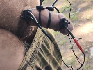 Electro device fucked my cock. Much sperm in outdoors