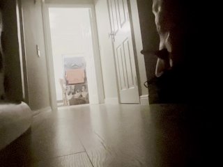 Horny, straight guy, masturbates in corridor as family watch TV. Big cock jerked to cumshot