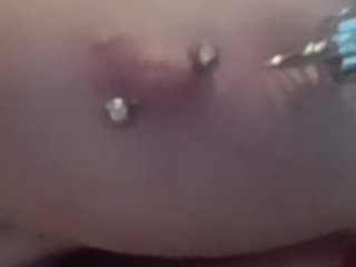 Pricking my pierced tits with kinky painful pinwheel all over my sensitive nipple piercings