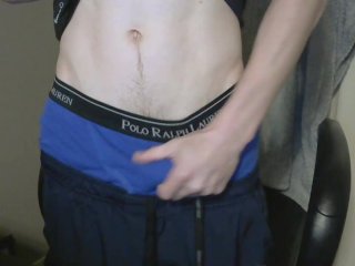 Fit guy slowly tease camera and shows underwear and pulls dick through hole and tease