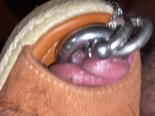 Masturbating with a few different shoes with 8mm pierced cock chained to a lock