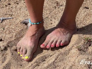 My feet and masturbation with orgasm and wet pussy close up on the beach