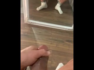 Muscle guy jerking off infront of his mirror cumming all over it