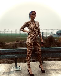 leopard print Latex sexy outfit, public, car, high heels, blonde, long hair photo