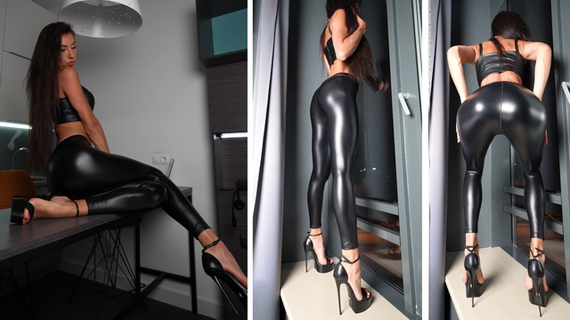 A Girl Wearing 16-Cm Heels And Leather Leggings Treads On The Slave's Balls And Cock