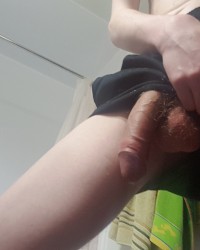 Guy wearing shorts with hung cock hanging out photo