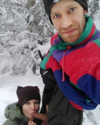 my girlfriend sucks in the winter forest photo