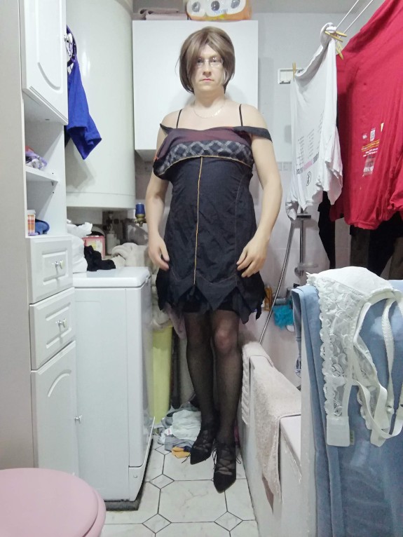Patty crossdresser black dress and bodystocking