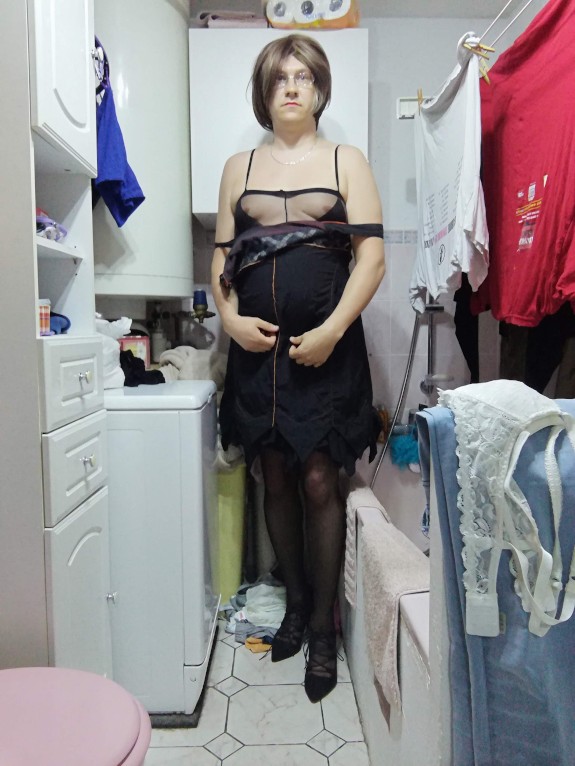 Patty crossdresser black dress and bodystocking
