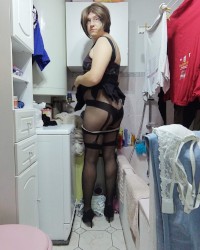 Patty crossdresser black dress and bodystocking photo