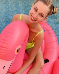 Stella in a bikini on a flamingo photo