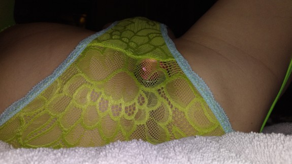 Green panties and pink heart butt plug