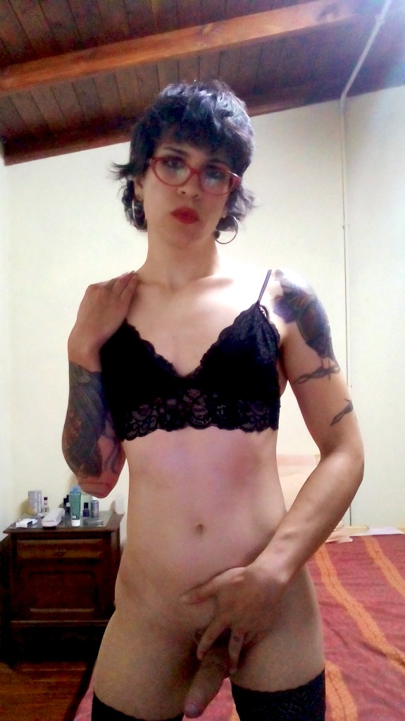 Leggy trans girl Dhananjay Ionova poses in lingerie and shows dick