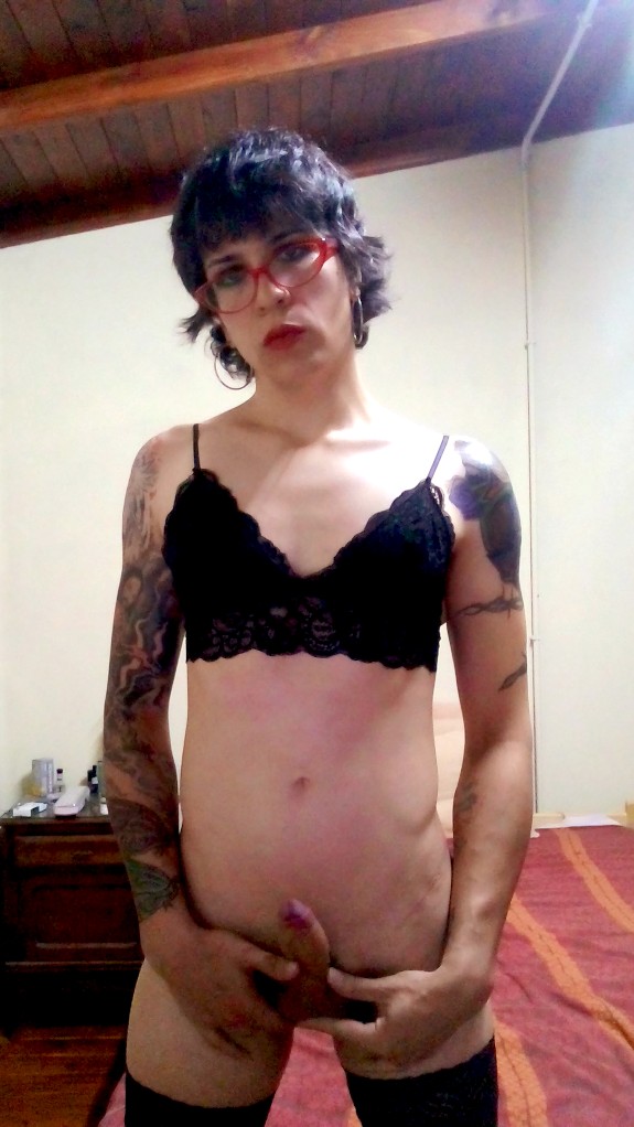 Leggy trans girl Dhananjay Ionova poses in lingerie and shows dick